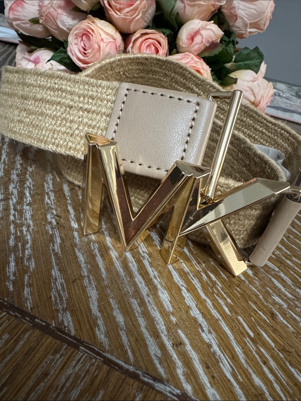Michael Kors Woven Beige Straw Belt with Gold Buckle